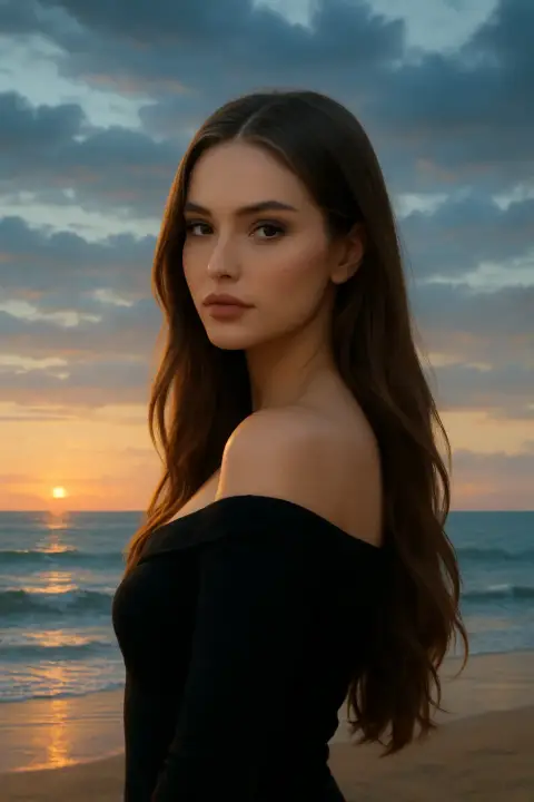 136-realistic-beach-sunset-portrait-golden-light-blue-sky